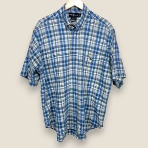 Ralph Lauren Purcell Short Sleeve Popover Button Shirt Men Large Blue Plaid VTG